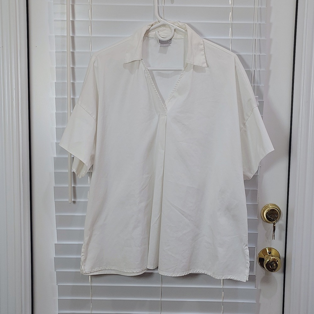 Chicos White Popover VNeck Collared Short Sleeve Top Women XL Modern Minimalist